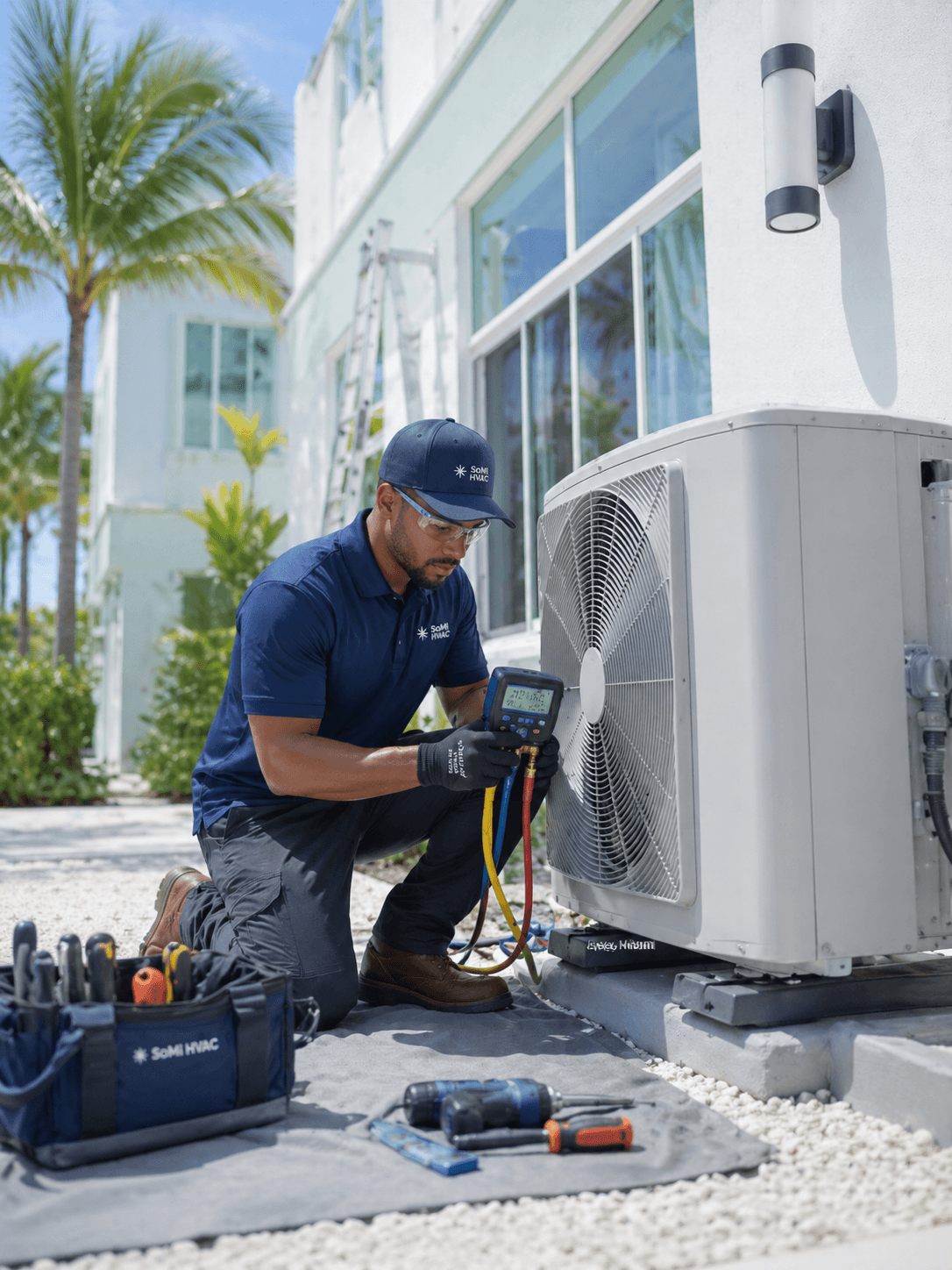 HVAC technician servicing an AC condenser, sunny Miami exterior